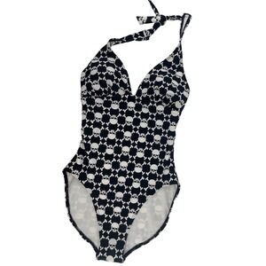 Kaligirlz Skull One Piece Swimsuit Womens Medium Black White Halter Goth Emo Alt